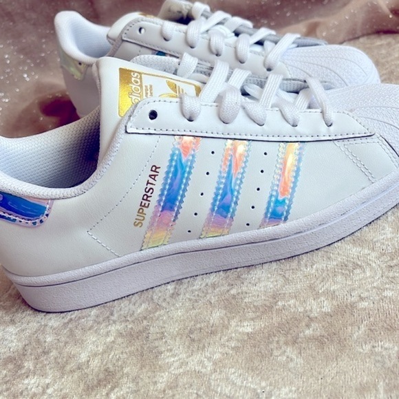 Brand New Adidas Originals Superstar White Lace Up Sneakers Iridescent 3-Stripe - Picture 15 of 16